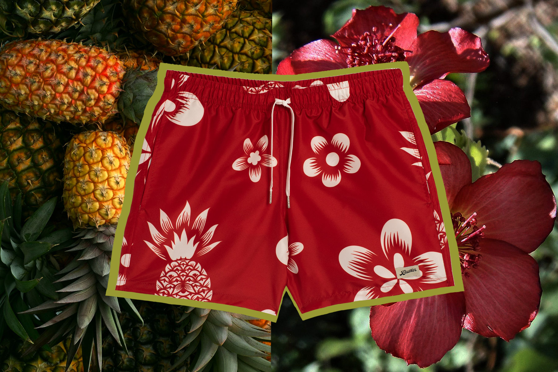 A photo of the Bather red coastal floral swim trunks on top of a photo of the Hibiscus flower that this pattern is inspired by. 