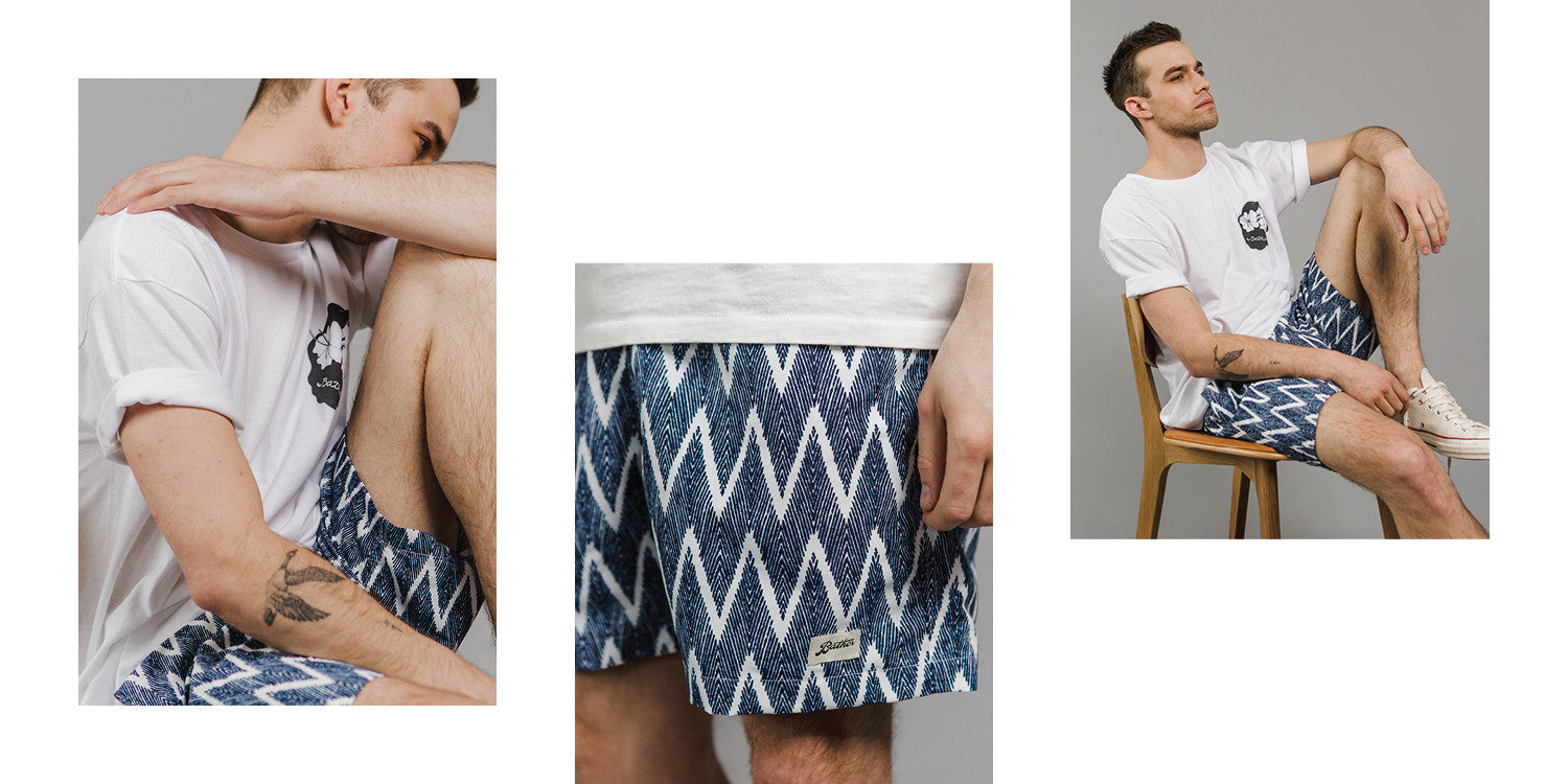 Blue zig zag patterned swim trunk for men by Bather