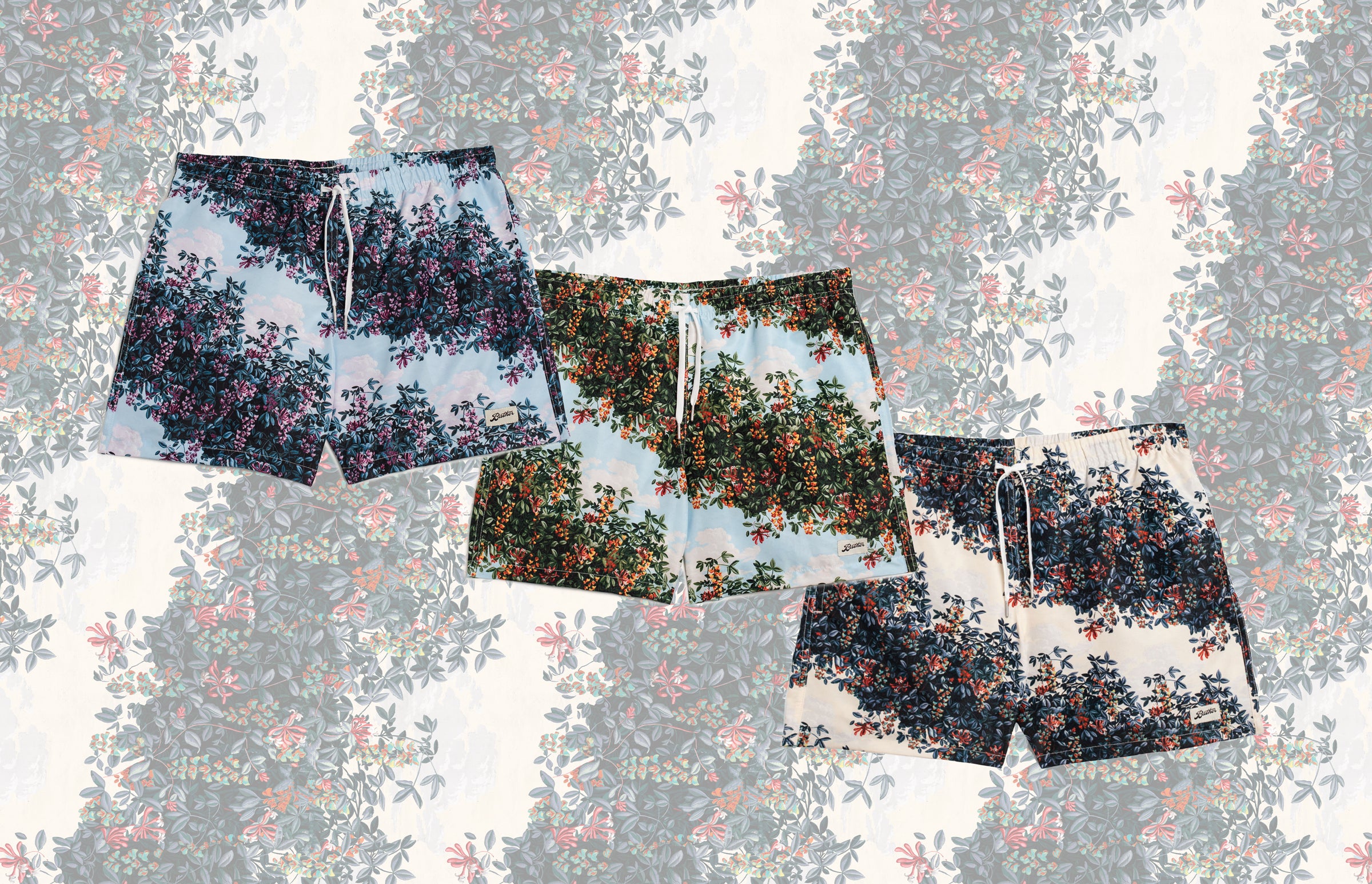 an image showing all three styles of pepperbush swim trunks