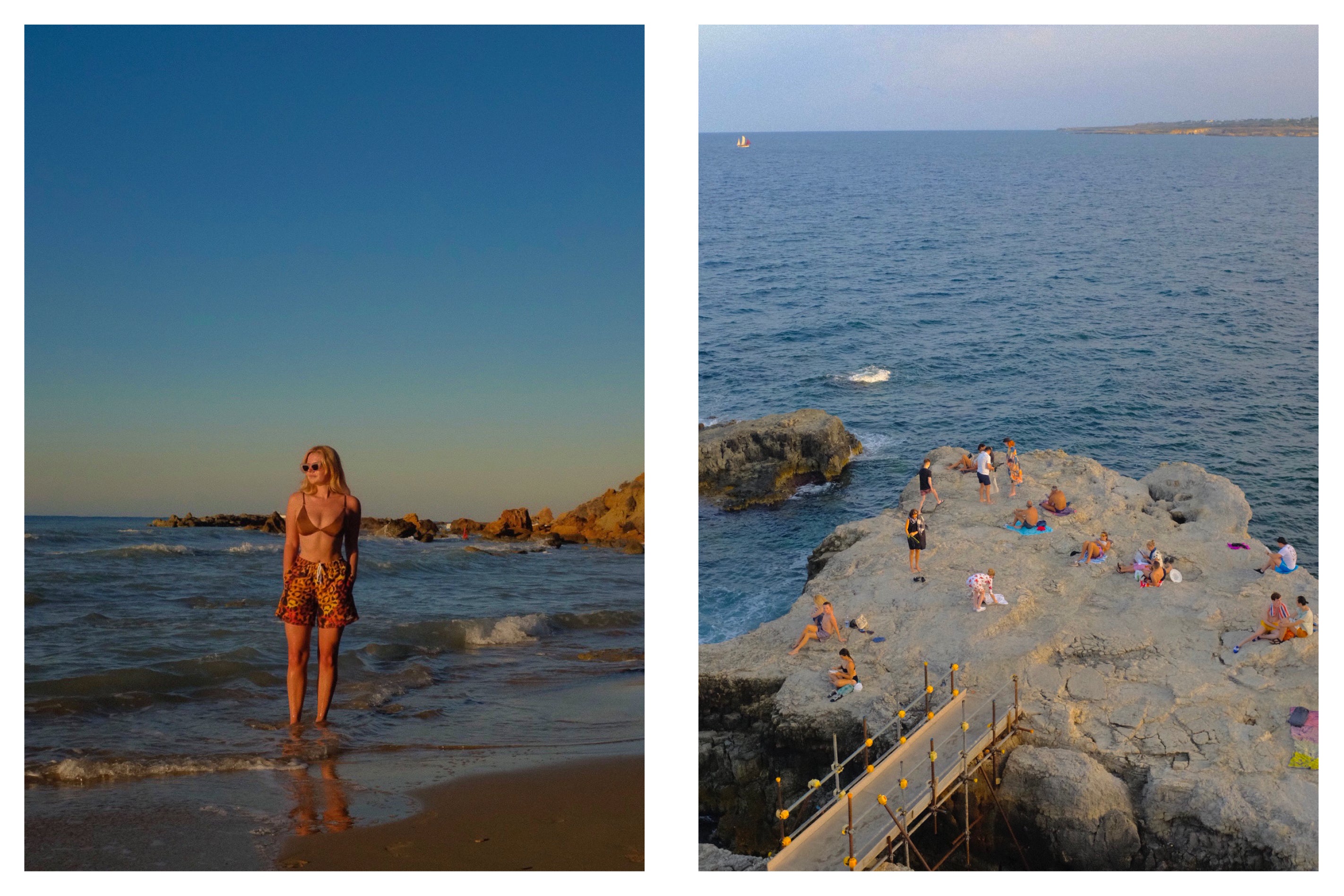 Una imagen de Katie Jurbala en la playa con el bañador Bather de leopardo dorado.