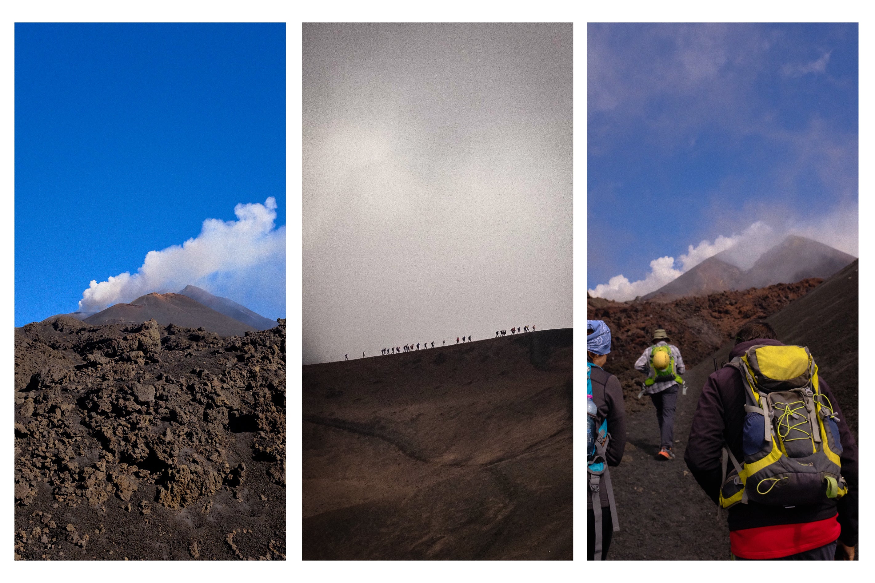 Un collage de tres fotografías que muestran el Monte Etna en Sicilia