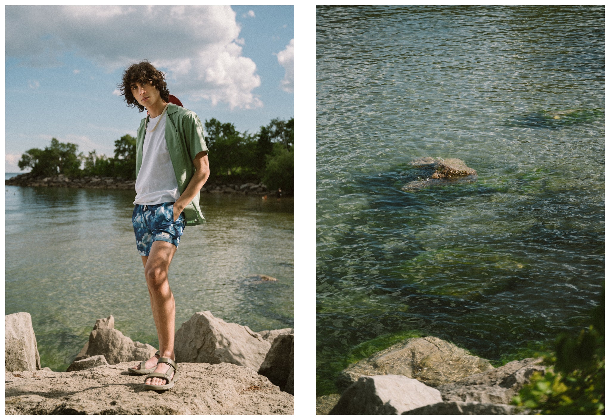 Model in blue cloud swim trunks in front of lake