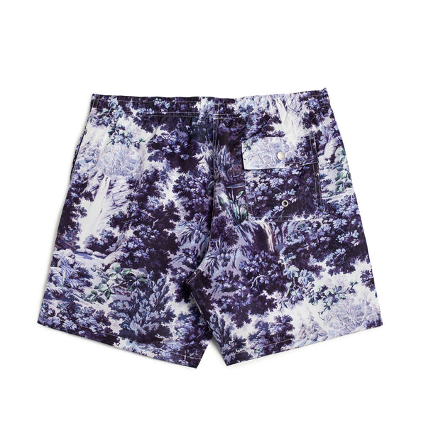 Back of Bather swim trunk in lavender and white tropical waterfall pattern