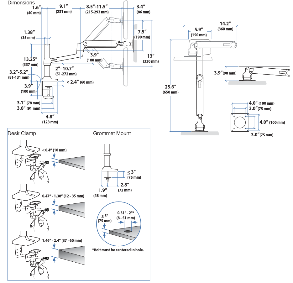 Ergotron LX Tall Pole Dimensional Illustration 