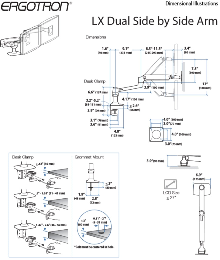 Ergotron LX Dual Side by Side Dimensional Illustration