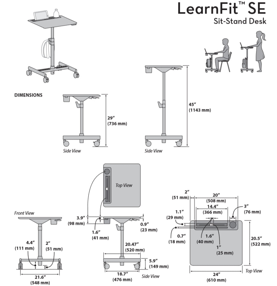 Ergotron LearnFit SE Dimensional Illustration