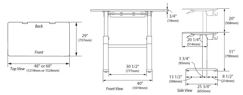 Ergotron Workfit DL 48 Dimensions