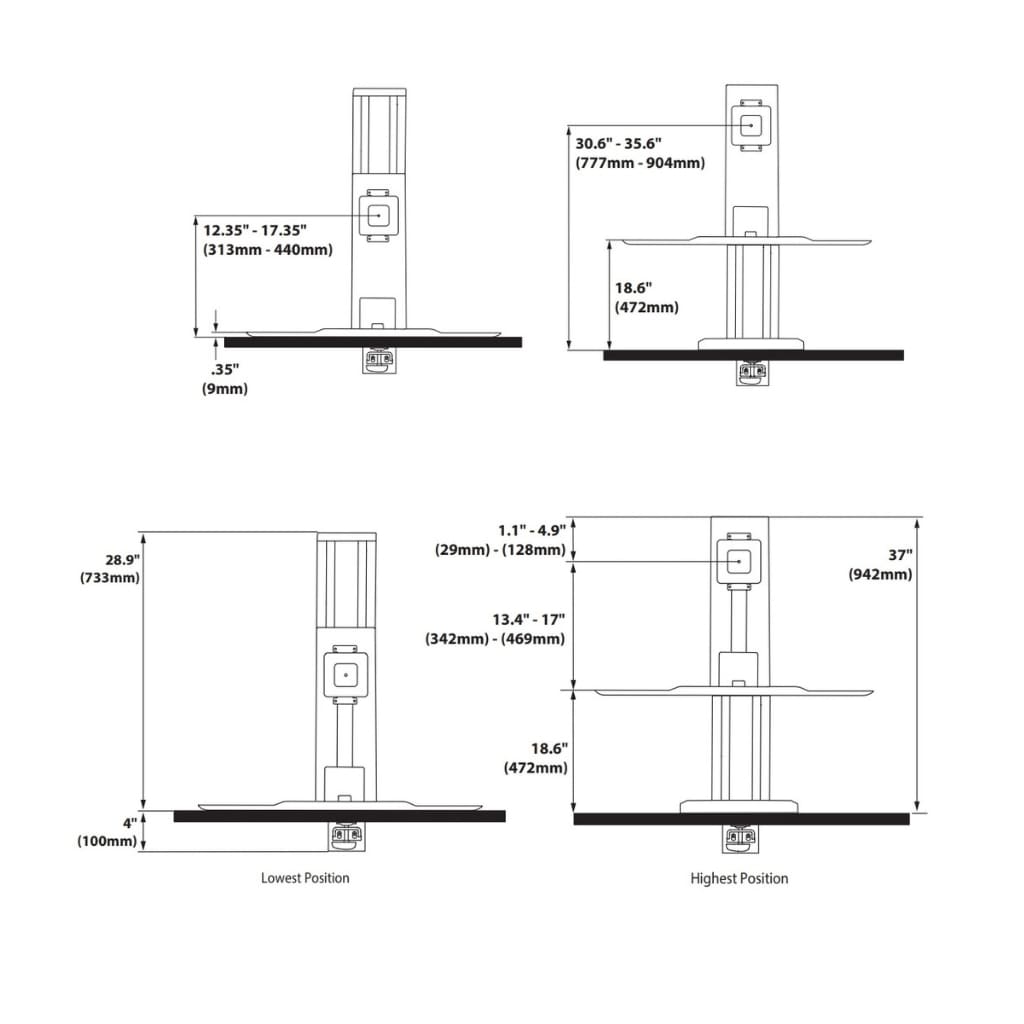 Ergotron Workfit SR Dimensions Front And Side View