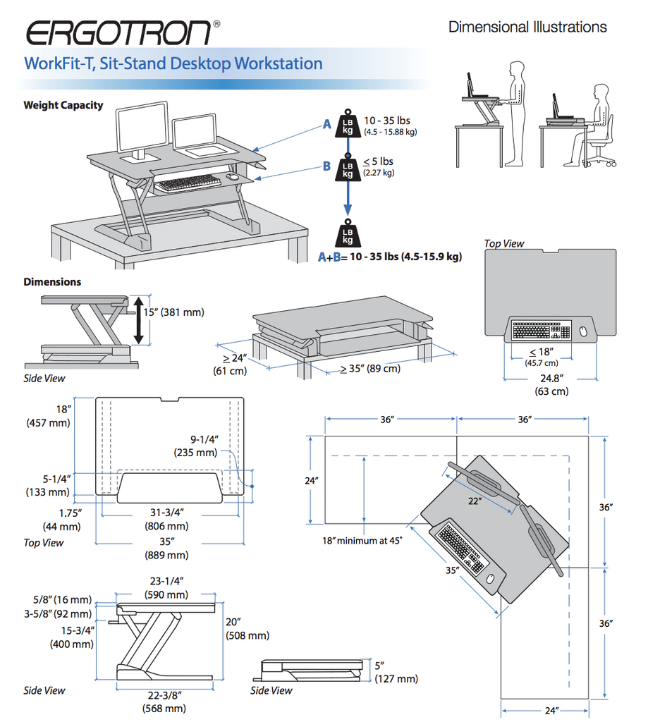 Ergotron Workfit-T Dimensional Illustrations