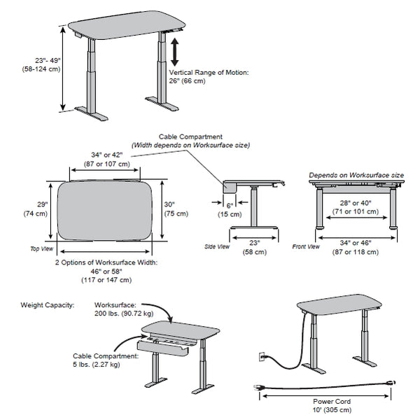 WorkFit Electric 46 Inch 58 Inch Surface Dimensional Illustrations