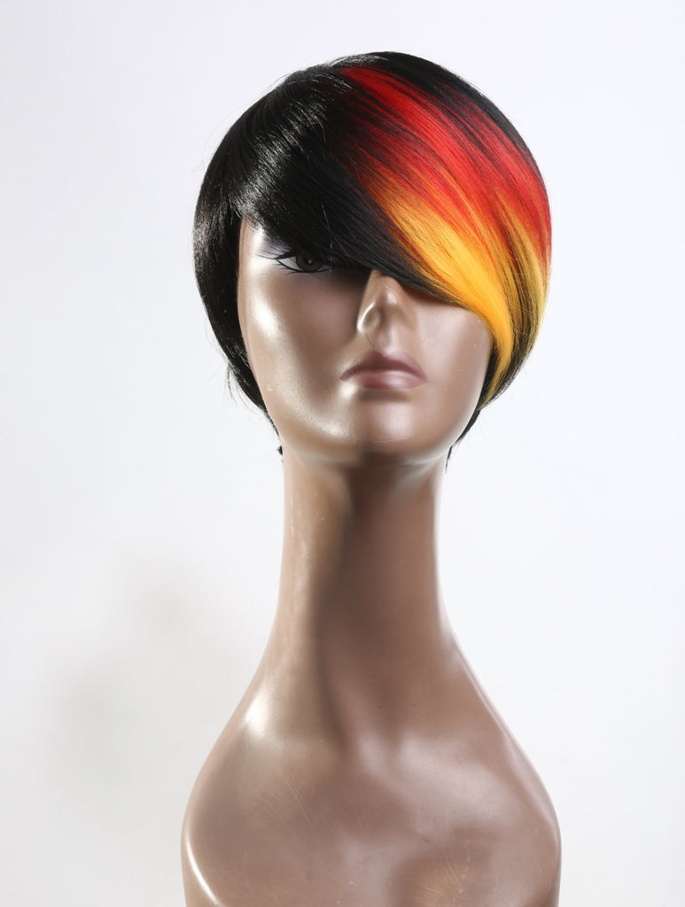 Wig Pixie Short Cut Ombre Dip Dye Black Red Yellow
