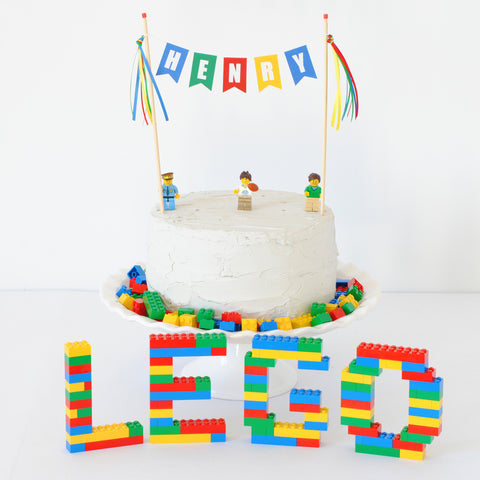 Lego Cake idea for Lego Birthday Party | Personalized cake toppers by Avalon Sunshine