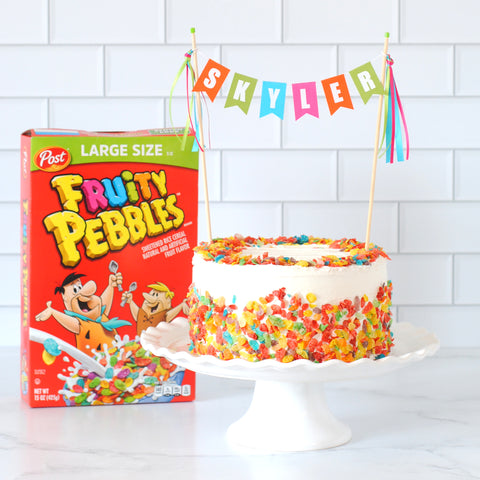 Fruity Pebbles birthday cake with Personalized cake topper | cake topper by Avalon Sunshine