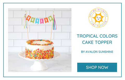 Tropical Colors Birthday Cake Topper on Fruity Pebble Cake | personalized cake topper by Avalon Sunshine