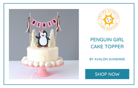 Penguin cake topper with pink bow and pink name banner | personalized cake toppers by Avalon Sunshine