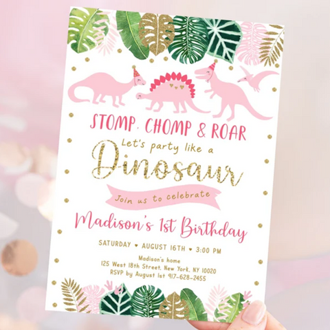 girly dinosaur birthday party invitation