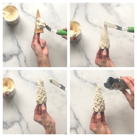 Ice cream cones with frosting to make winter trees for penguin cake