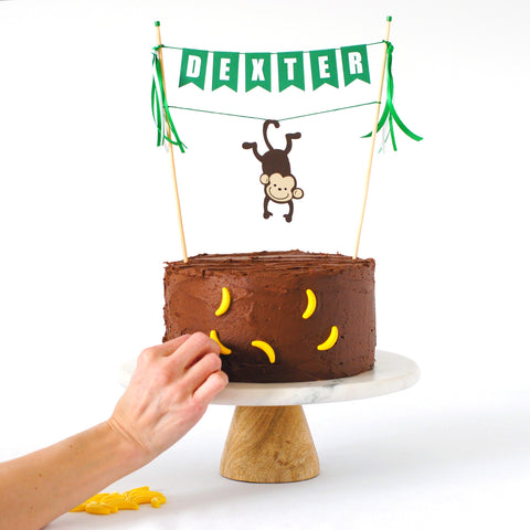 monkey birthday cake with cake topper and banana candies | cake topper by Avalon Sunshine