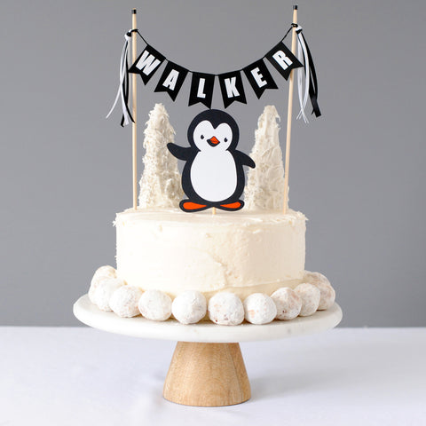 Penguin Cake Topper with winter trees and donut holes | personalized cake topper by Avalon Sunshine