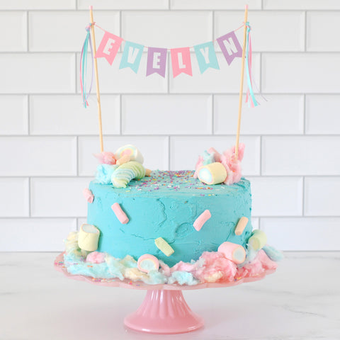 Cotton Candy Colors Cake with marshmallows and personalized cake topper | cake topper by Avalon Sunshine