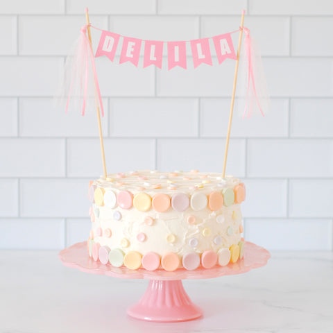 Pink Name Cake Topper with tulle tassels | personalized cake topper by Avalon Sunshine