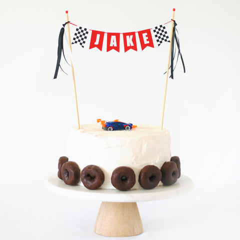 race car birthday cake for race car theme birthday party | personalized cake toppers by Avalon Sunshine