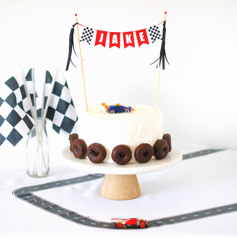 race car birthday party with race car cake topper | personalized cake toppers by Avalon Sunshine