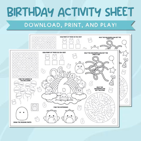 Squishmallow Party Activity Sheet from Nnaise Prints