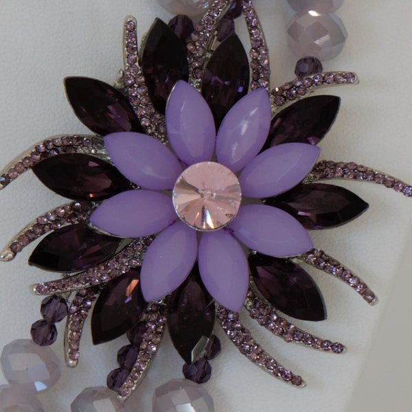 Light Purple crystal necklace with side large flower pendent