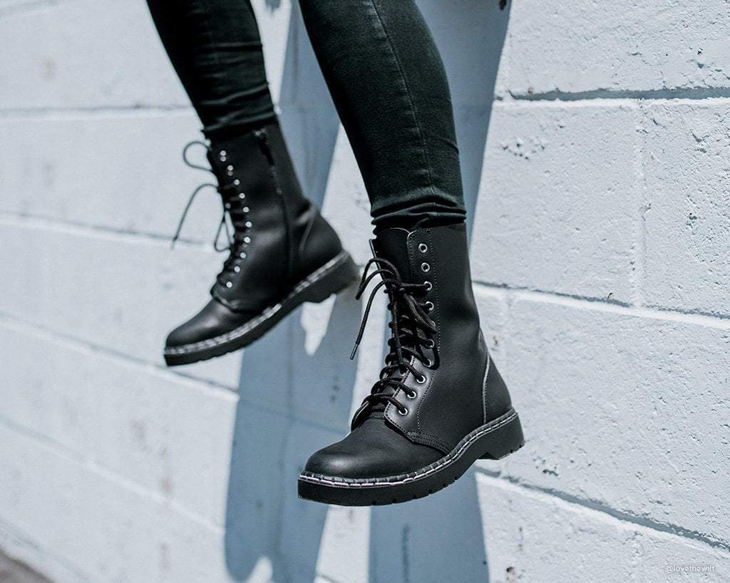 Black Faux Leather 10-Eyelet Gibson Boots