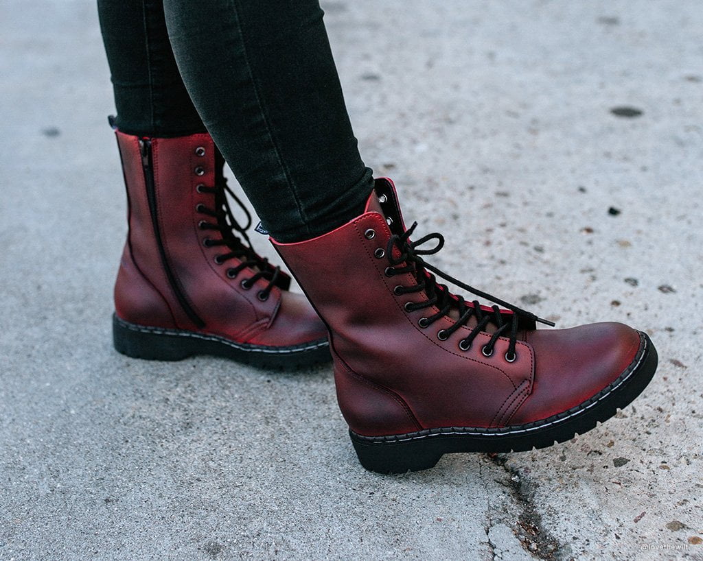 Burgundy Rub Off Faux Leather 10-Eyelet 