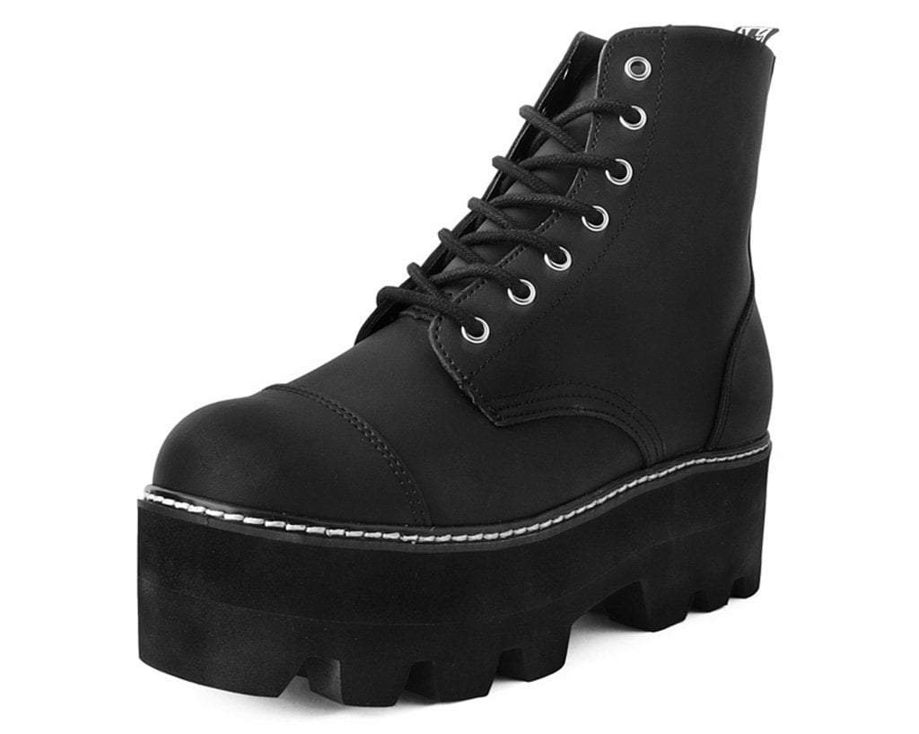 Black Faux Leather 7-Eyelet Dino Lug Sole Boots