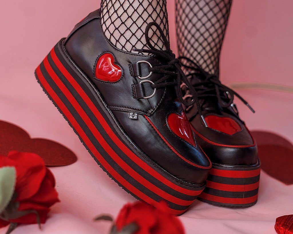 Black \u0026 Red Heart Platform Creeper Shoe