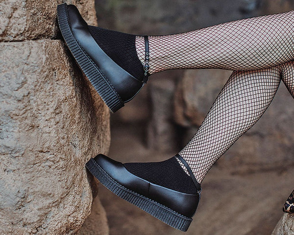 black pointed ballet ankle strap creeper