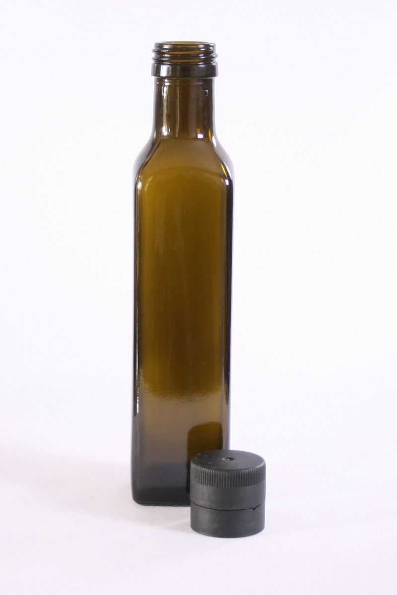 Download Bottle 250ml Square Antique Green Glass 31.5mm Screw finish pourer cap - Austrapak Jars and Bottles