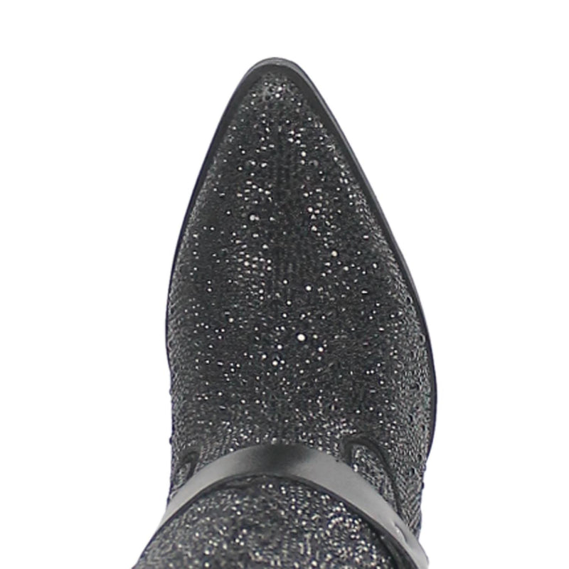 A small black bootie with rhinestones top to bottom, tall heel, V cut at the top, matching straps, and leather straps going through the middle and under the boot. Item is pictured on a plain white background