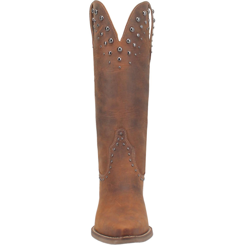 A brown mid calf length leather boot. Features silver stud designs on the top and middle of boot, leather straps, short heel, V cut at the top, and off white stitching. Item is pictured on a plain white background