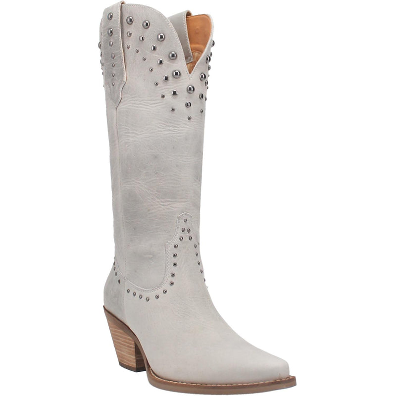 Off white mid calf matte leather boots. Features silver stud designs on the top and middle of the boot, short heel, black straps, V line cut at the top, and white stitching. Item is pictured on a plain white background