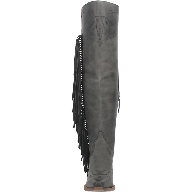 A tall black leather boot with a short heel, stitched desings at the top and bottom, lace up back, fringe down the right side, and a half zipper. Item is pictured on a plain white background