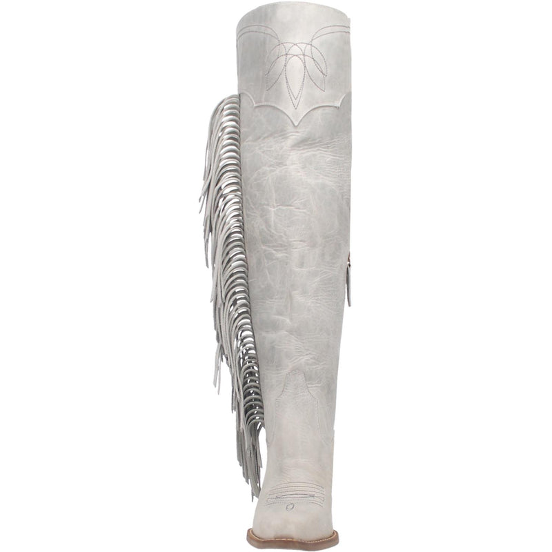 A tall white leather boot with a short heel, stitched desings at the top and bottom, lace up back, fringe down the right side, and a half zipper. Item is pictured on a plain white background