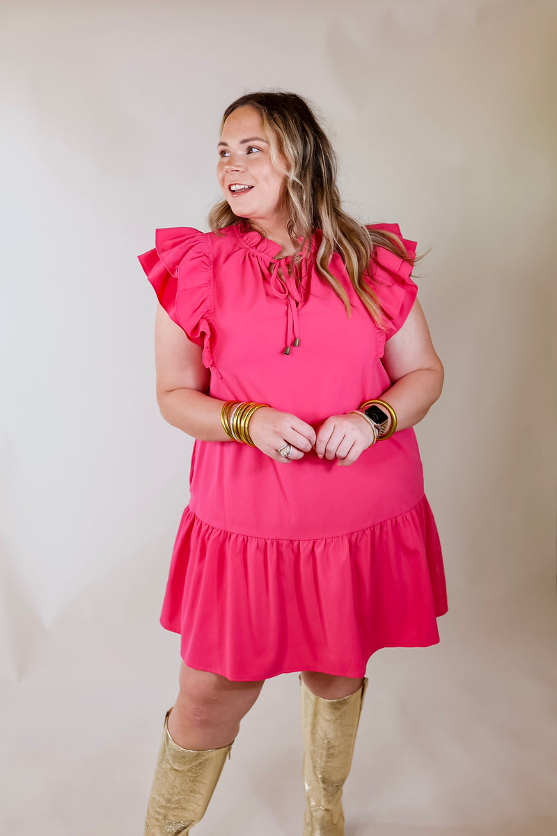 Powerful Love Ruffle Cap Sleeve Dress with Keyhole and Tie Neckline in Hot Pink