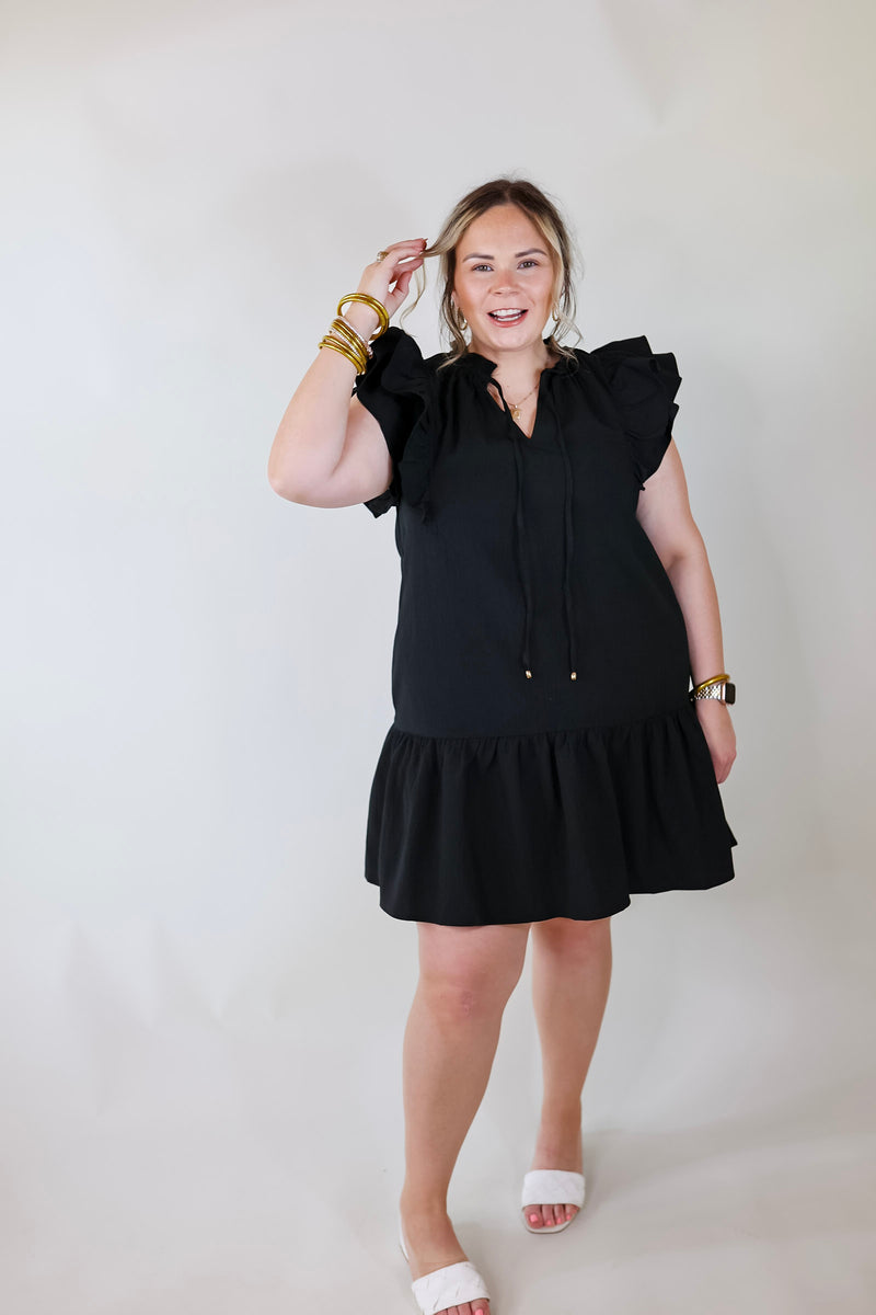 Powerful Love Ruffle Cap Sleeve Dress with Keyhole and Tie Neckline in Black