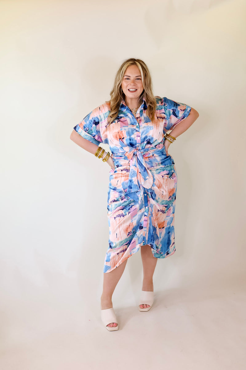 Abstract Meetings Collared Button Up Midi Dress With a Tied Waist in Blue and Coral Pink