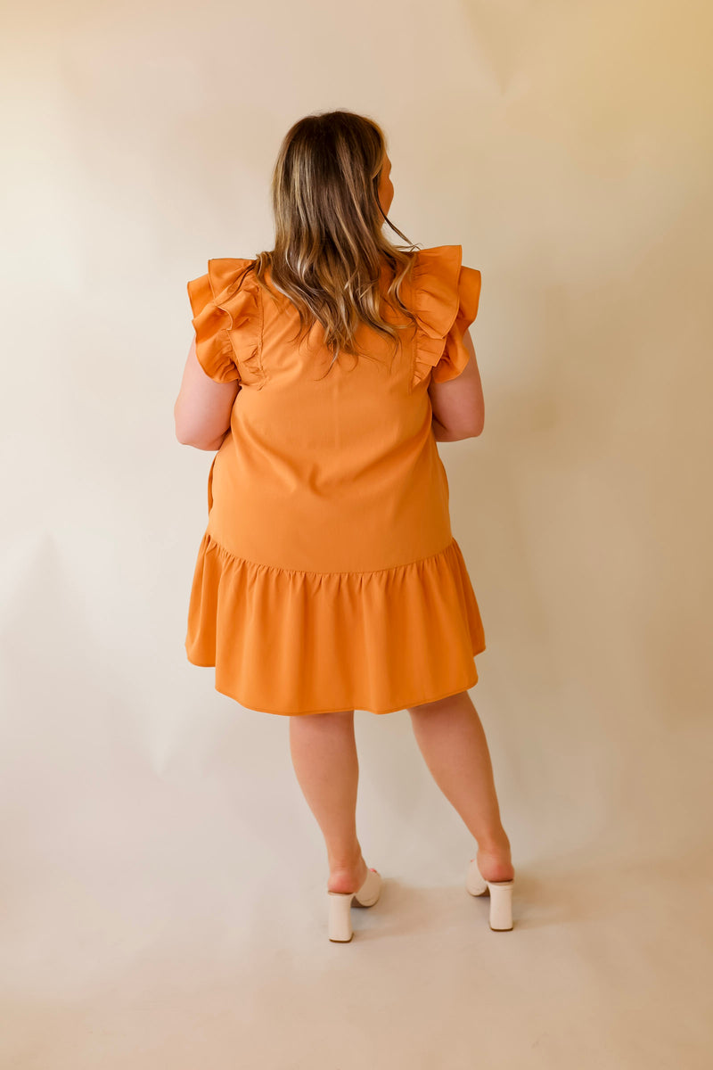 Powerful Love Ruffle Cap Sleeve Dress with Keyhole and Tie Neckline in Sunset Orange