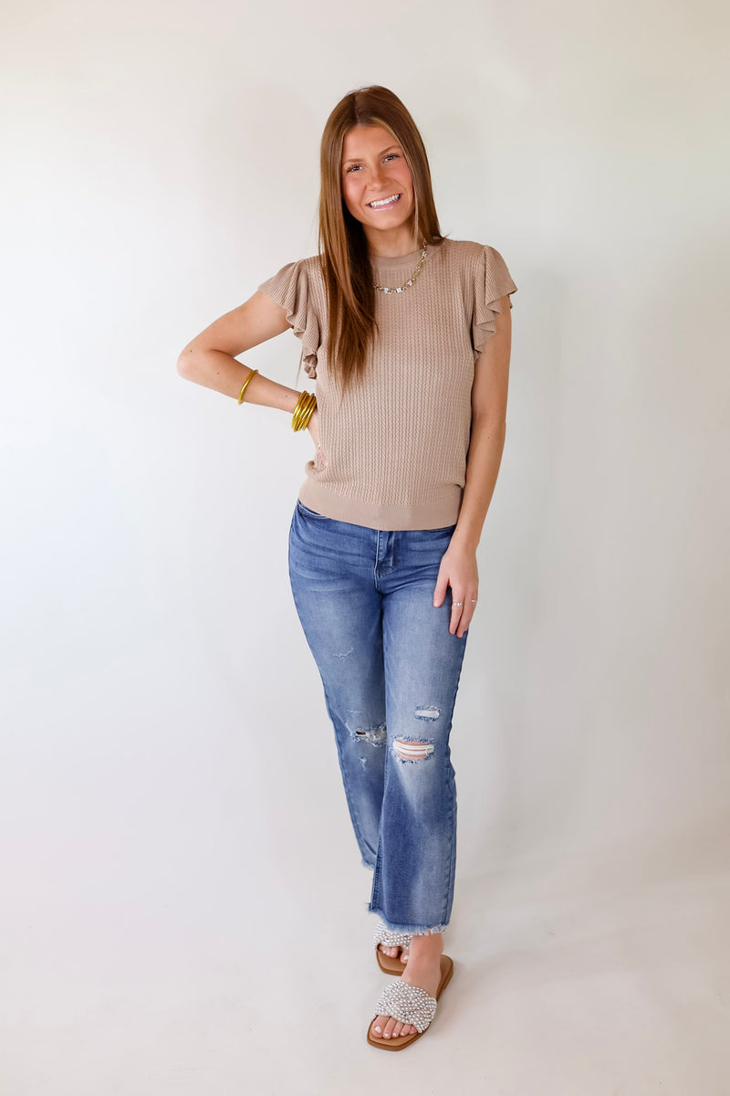 Coffee Date Knit Top With Ruffled Sleeves in Mocha