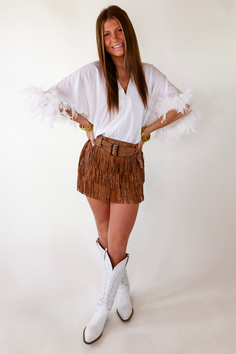 Party Plans V Neck Bodysuit with Feather Sleeves in White