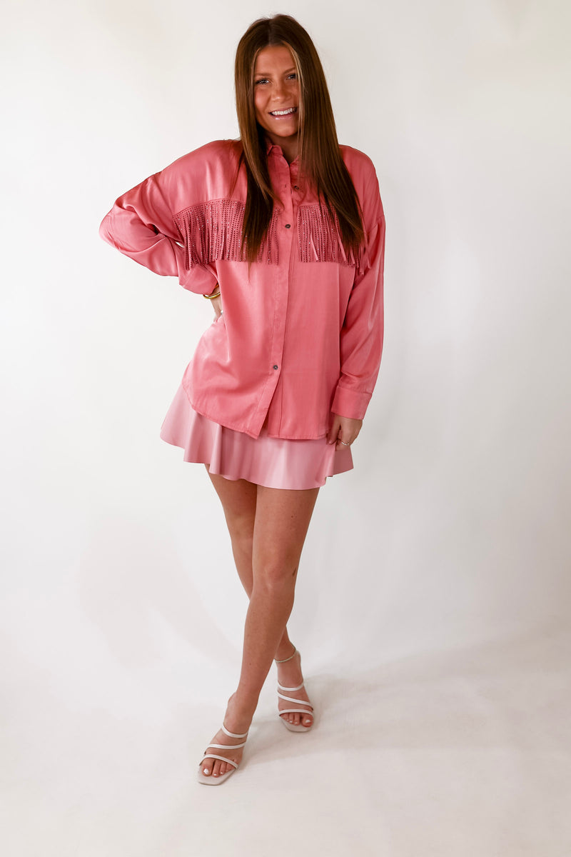 All That Shimmers Crystal Fringe Button Up Top with Long Sleeves in Coral Pink