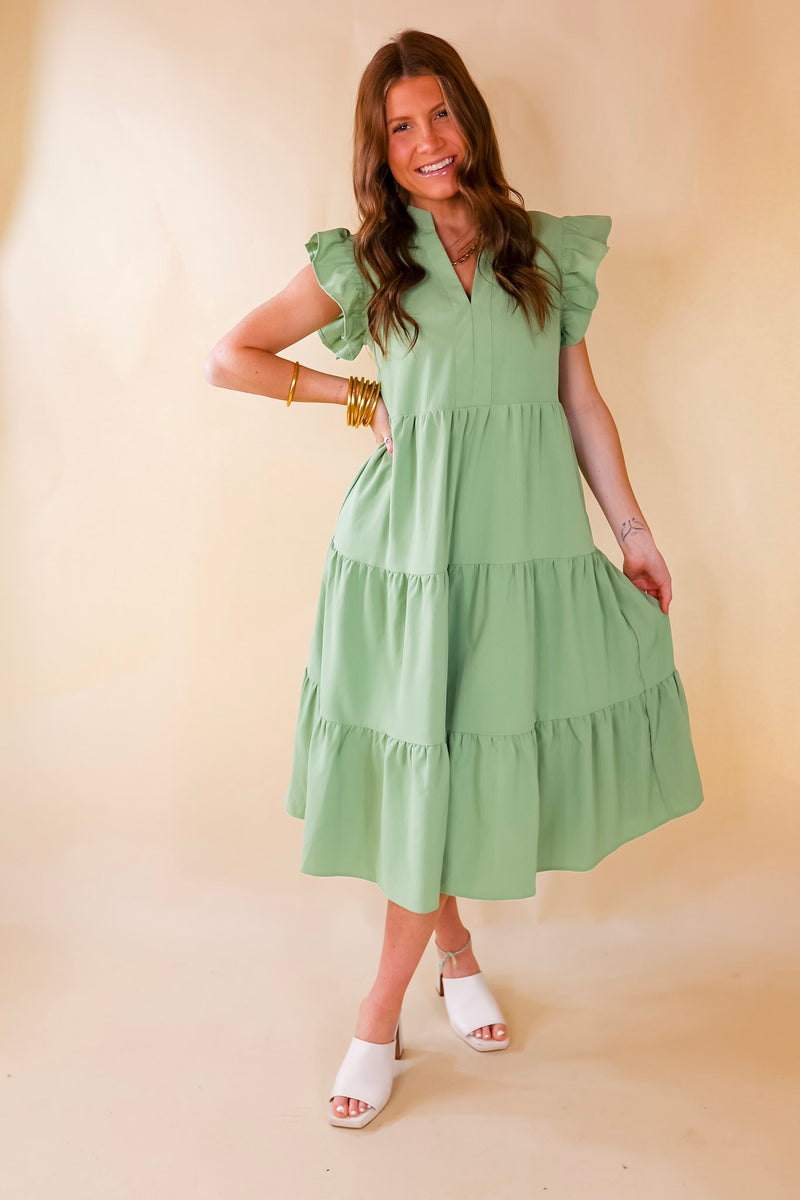 Magnolia Morning Ruffle Cap Sleeve Tiered Midi Dress in Sage Green