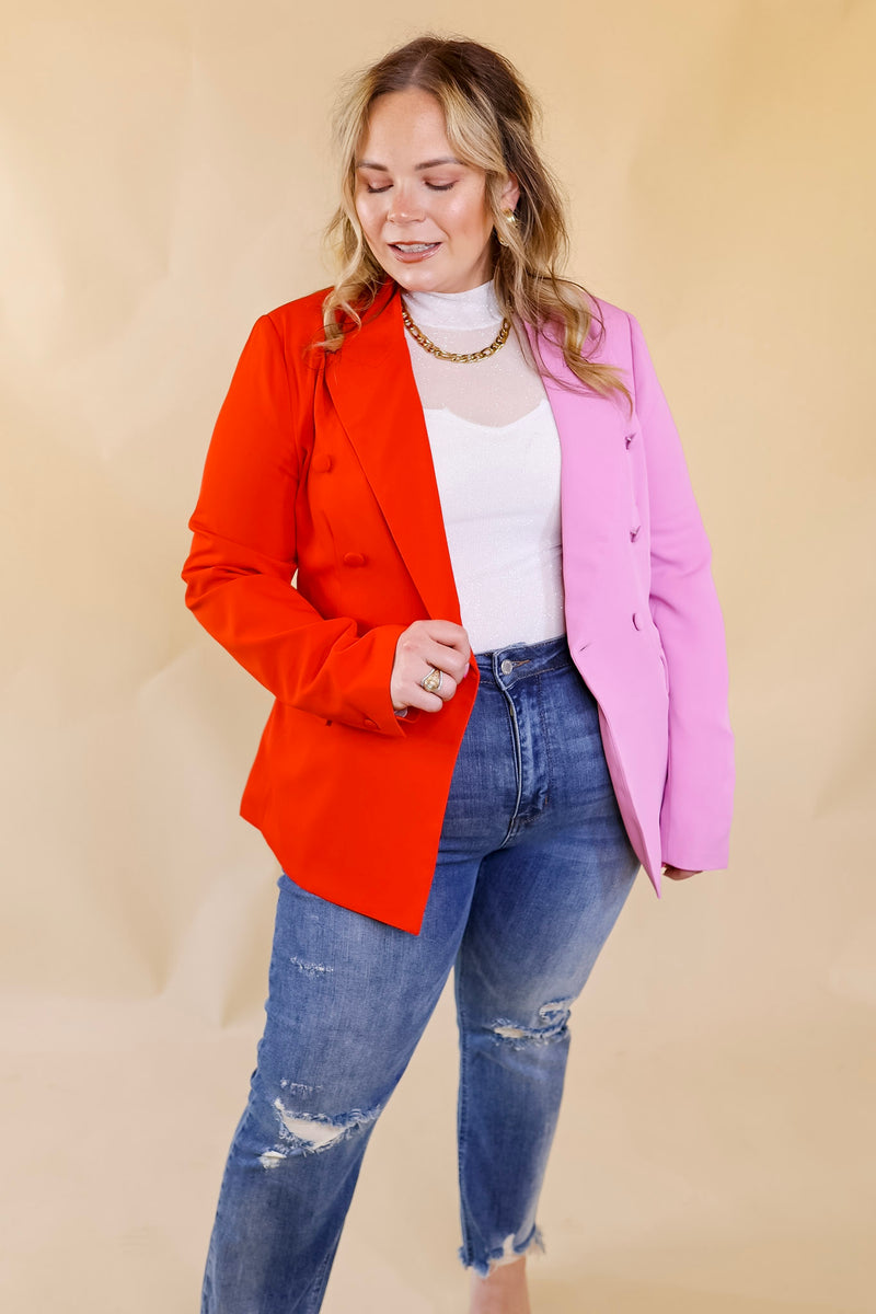 My Only Desire Color Block Button Up Blazer in Red and Pink