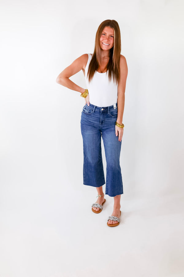 Time For Bliss Pocket Embroidery Cropped Wide Leg Jeans in Medium Wash